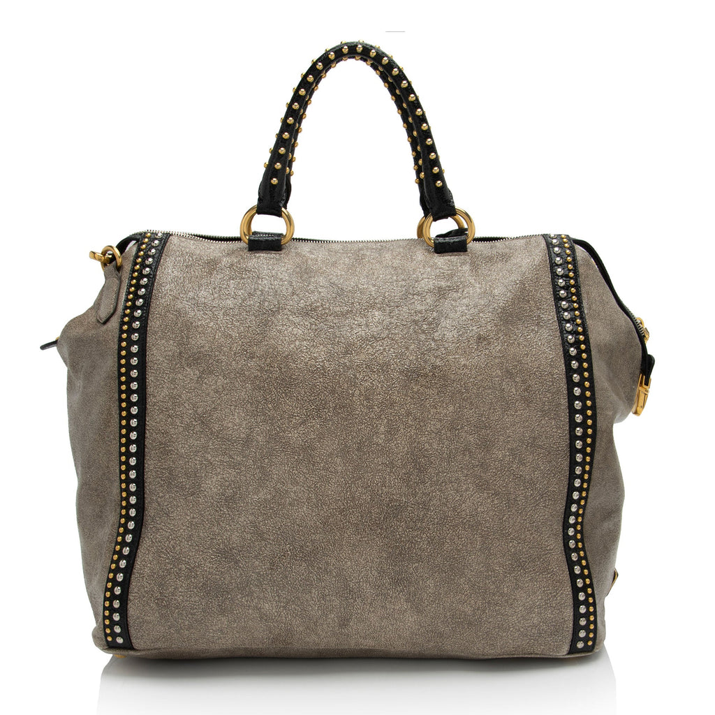 Prada Crackled Calfskin Studded Bauletto Satchel (SHF-hoMqXl)