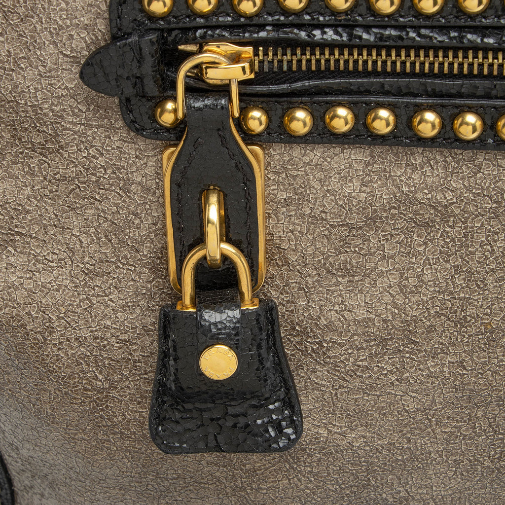 Prada Crackled Calfskin Studded Bauletto Satchel (SHF-hoMqXl)