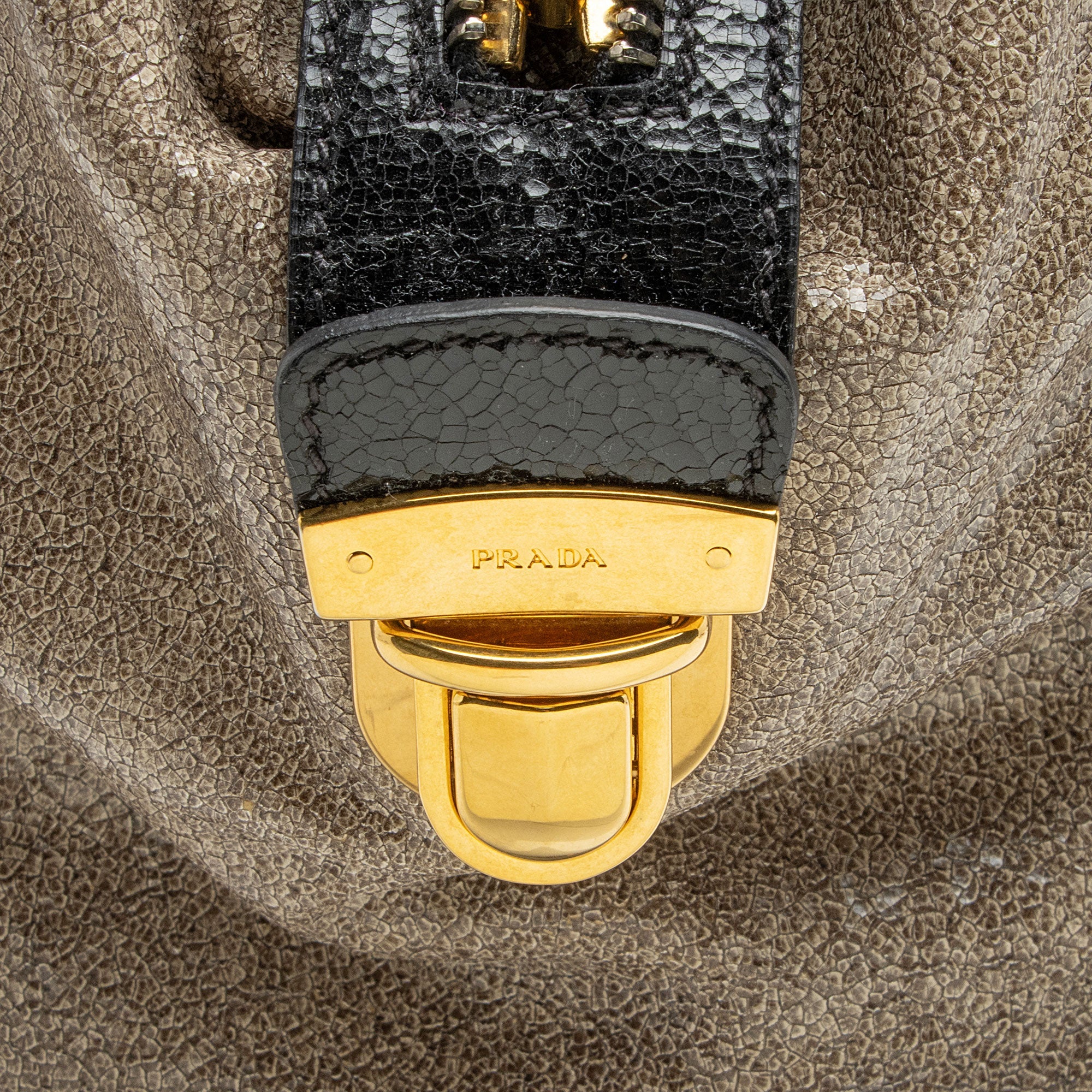 Prada Crackled Calfskin Studded Bauletto Satchel (SHF-hoMqXl)