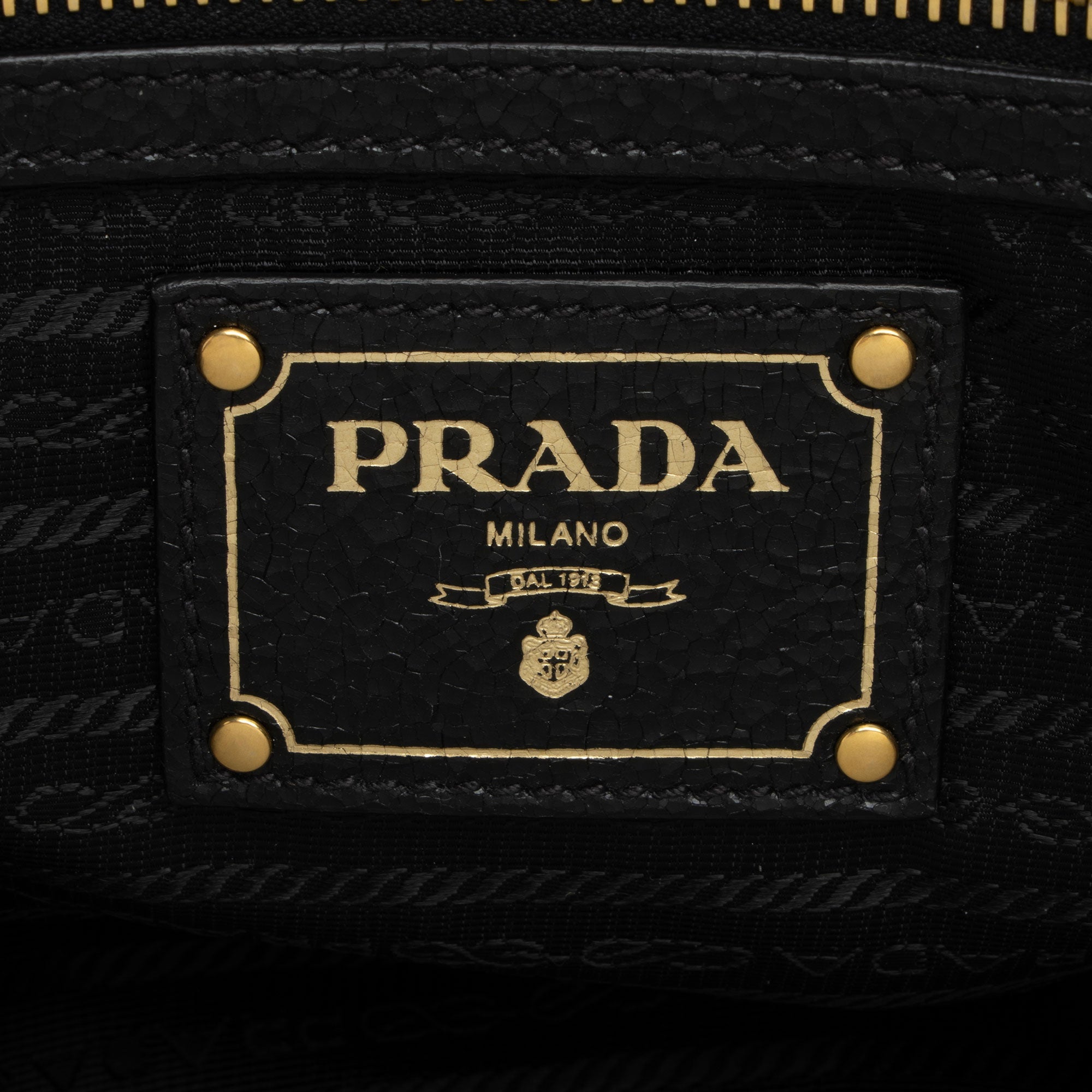 Prada Crackled Calfskin Studded Bauletto Satchel (SHF-hoMqXl)