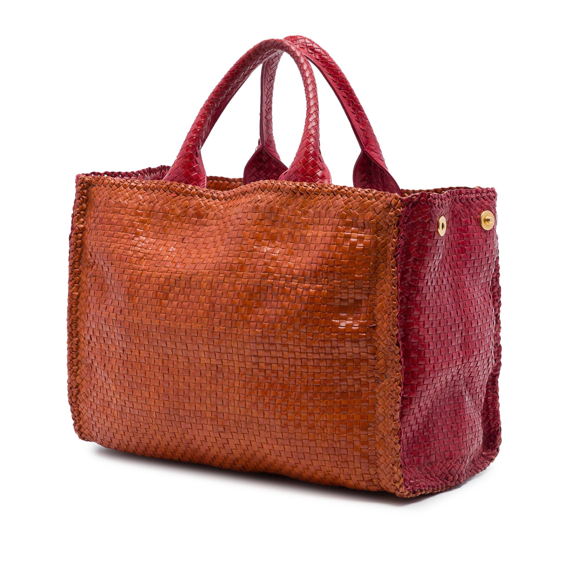 Prada Medium Bicolor Woven Goatskin Madras Shopping Tote