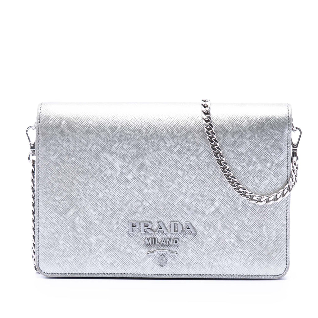 Prada Metallic Saffiano Lux Wallet on Chain