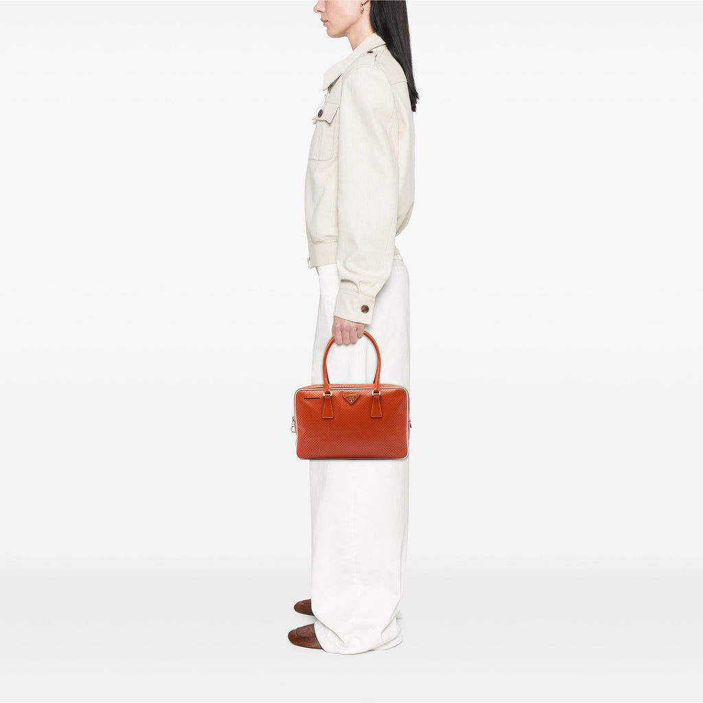 Prada Perforated Vitello Drive Leather Bauletto Top Handle Bag