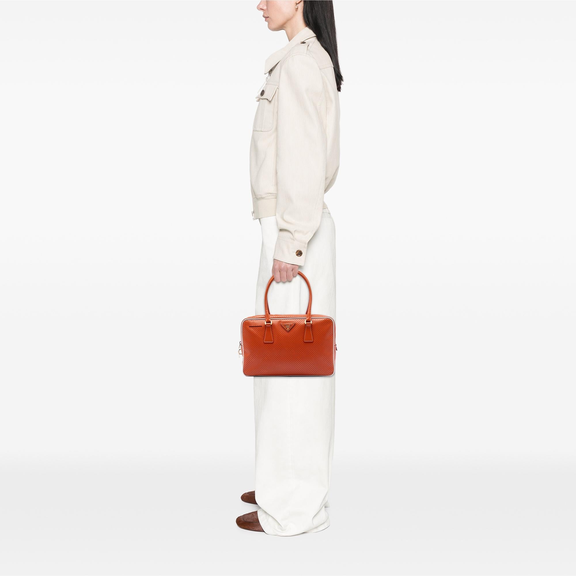 Prada Perforated Vitello Drive Leather Bauletto Top Handle Bag