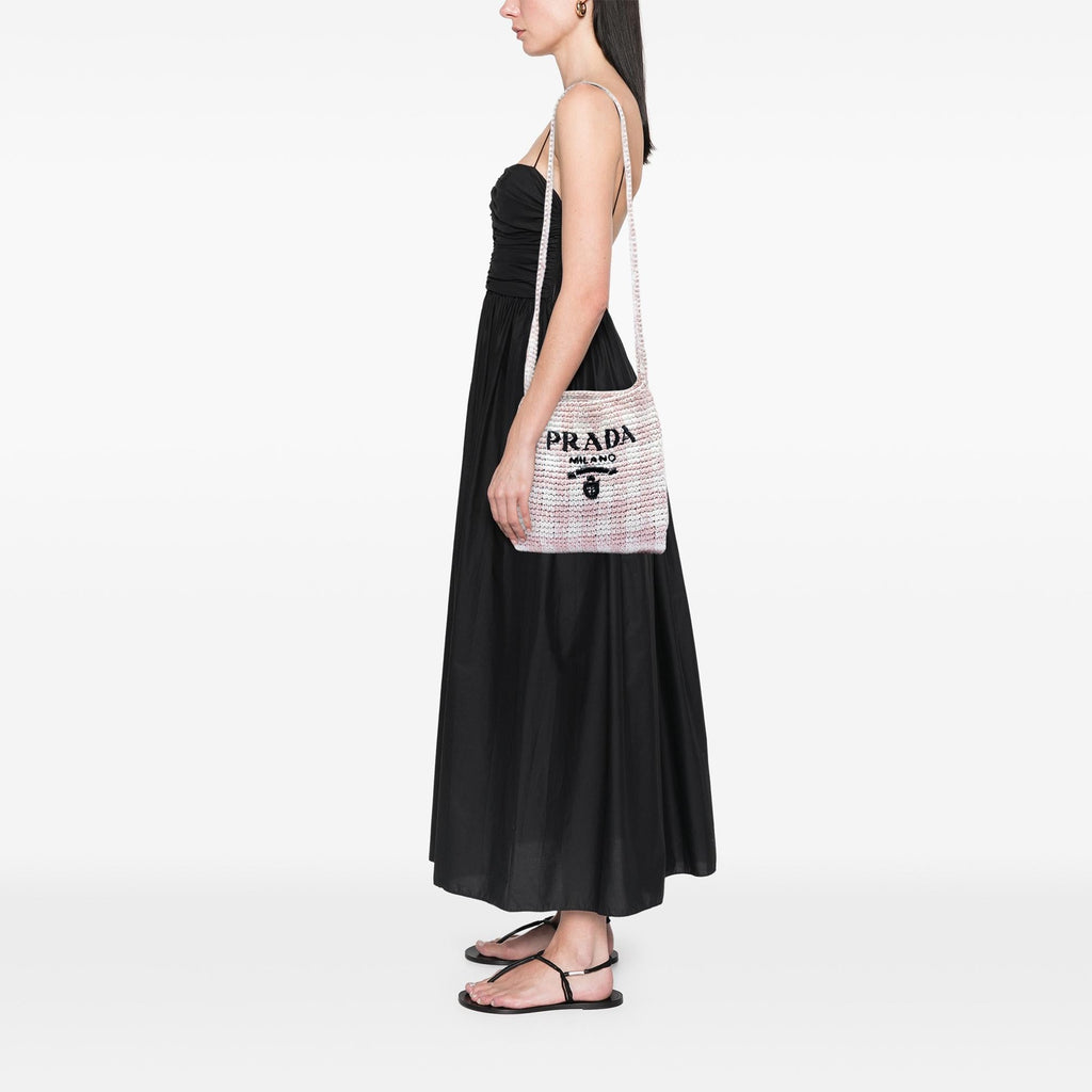 Prada Raffia Effect Crochet Embroidered Logo Crossbody