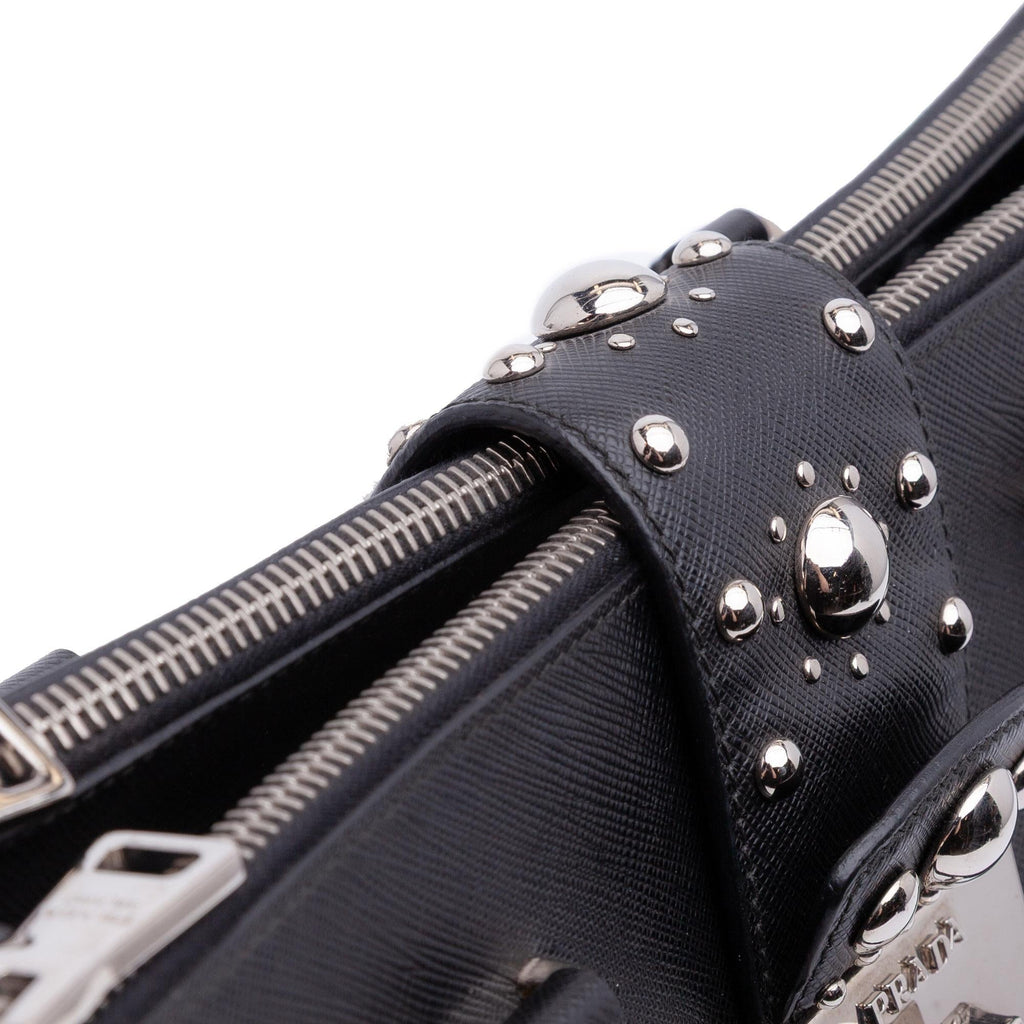 Prada Saffiano Turnlock Double Zip Studded Tote