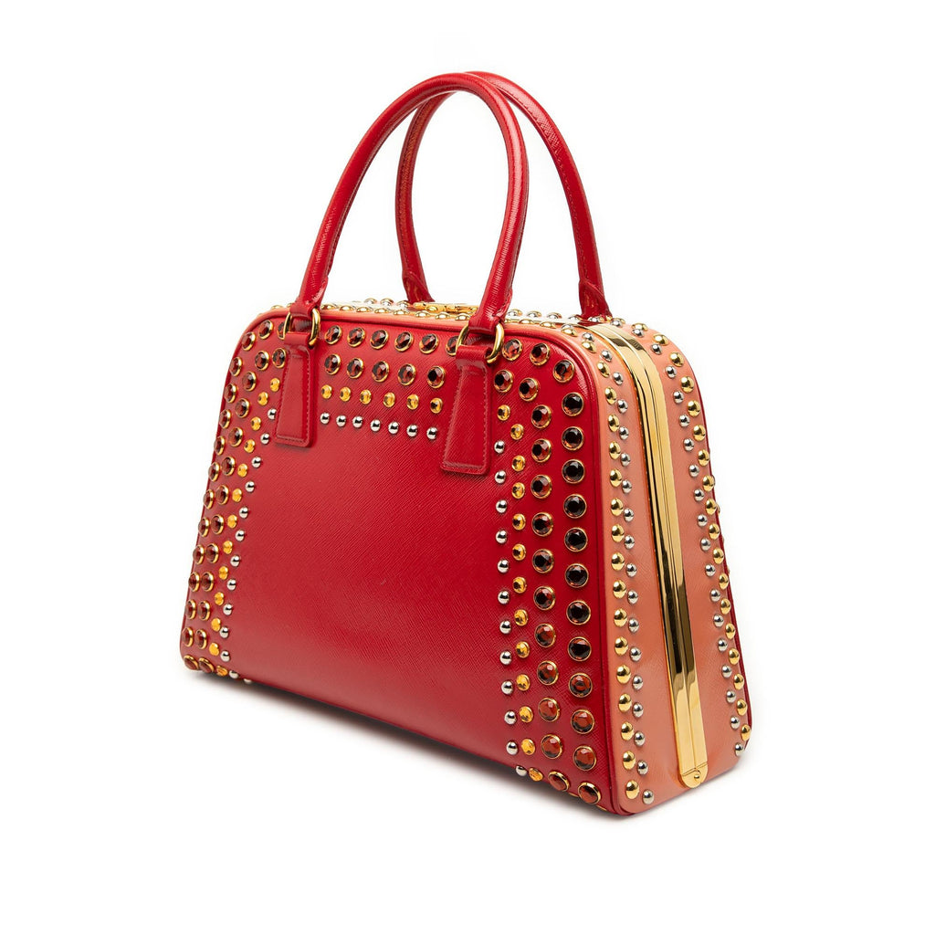 Prada Saffiano Vernice Pyramid Studded Frame Bag