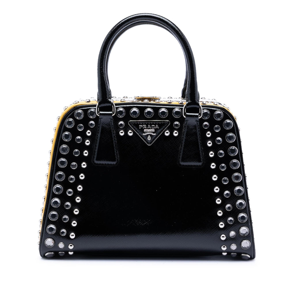 Prada Small Studded Saffiano Vernice Frame Top Handle Bag