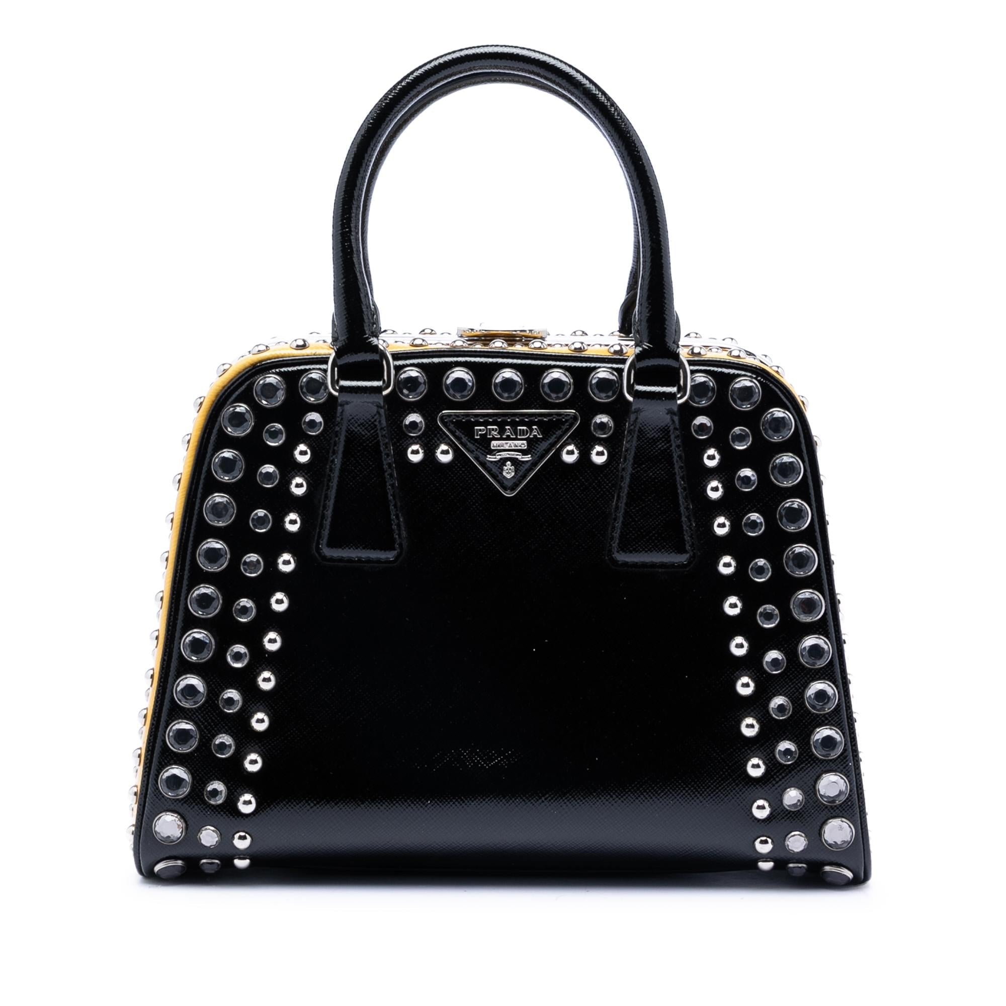 Prada Small Studded Saffiano Vernice Frame Top Handle Bag