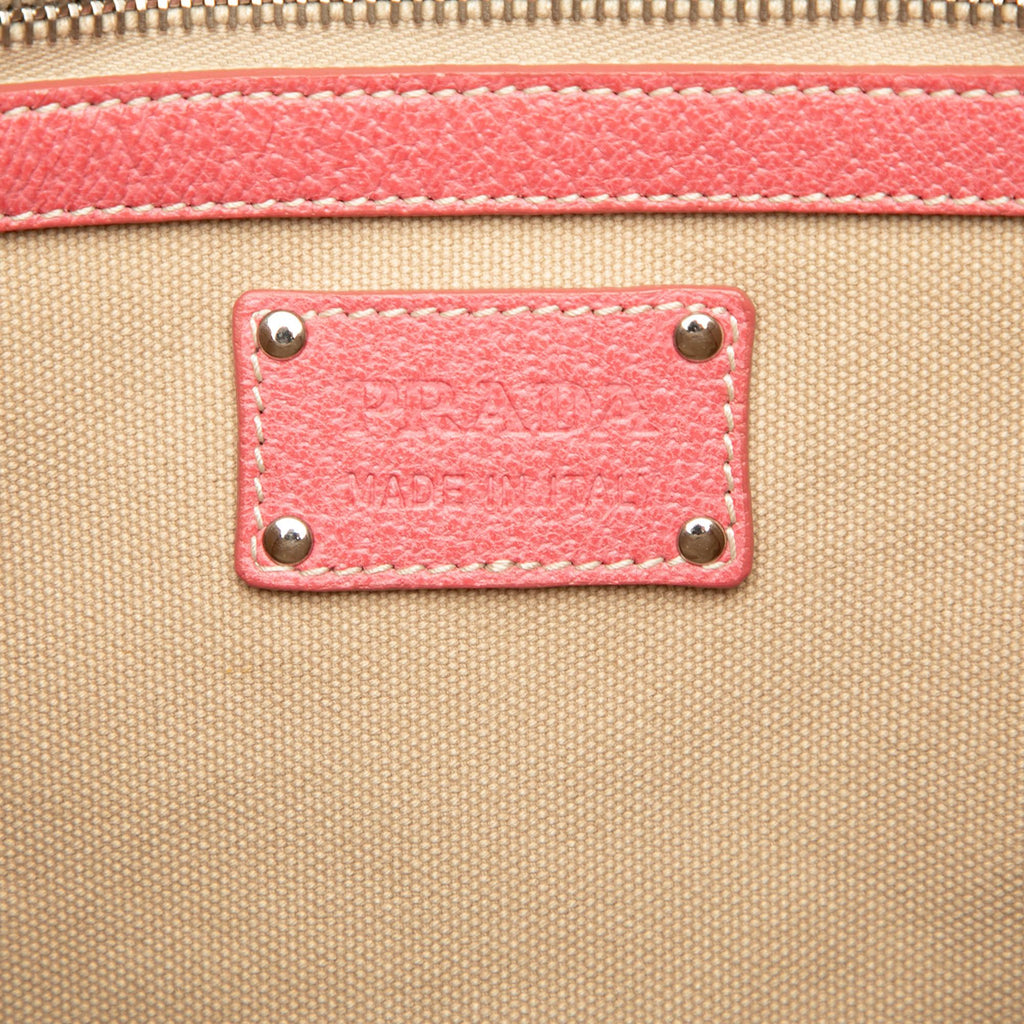 Prada Studded Leather Trimmed Canvas Front Pocket Tote