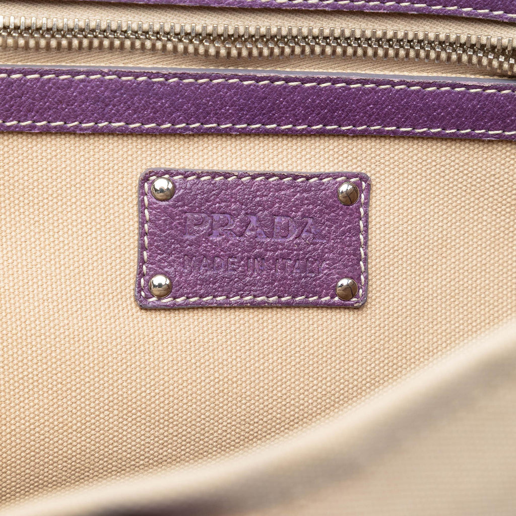 Prada Studded Leather Trimmed Canvas Front Pocket Tote