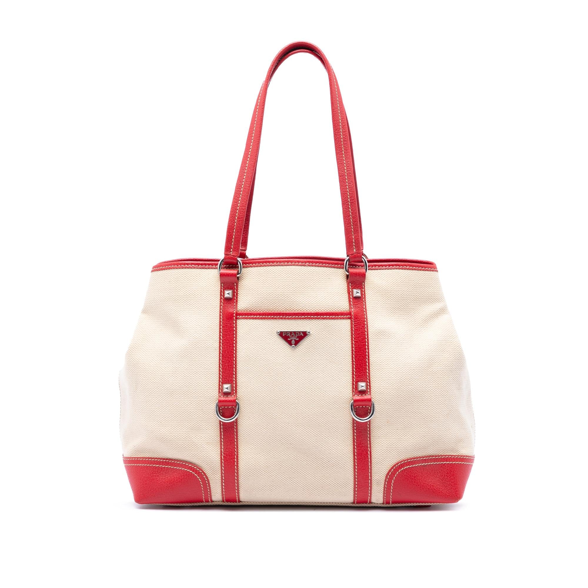 Prada Studded Leather Trimmed Canvas Front Pocket Tote