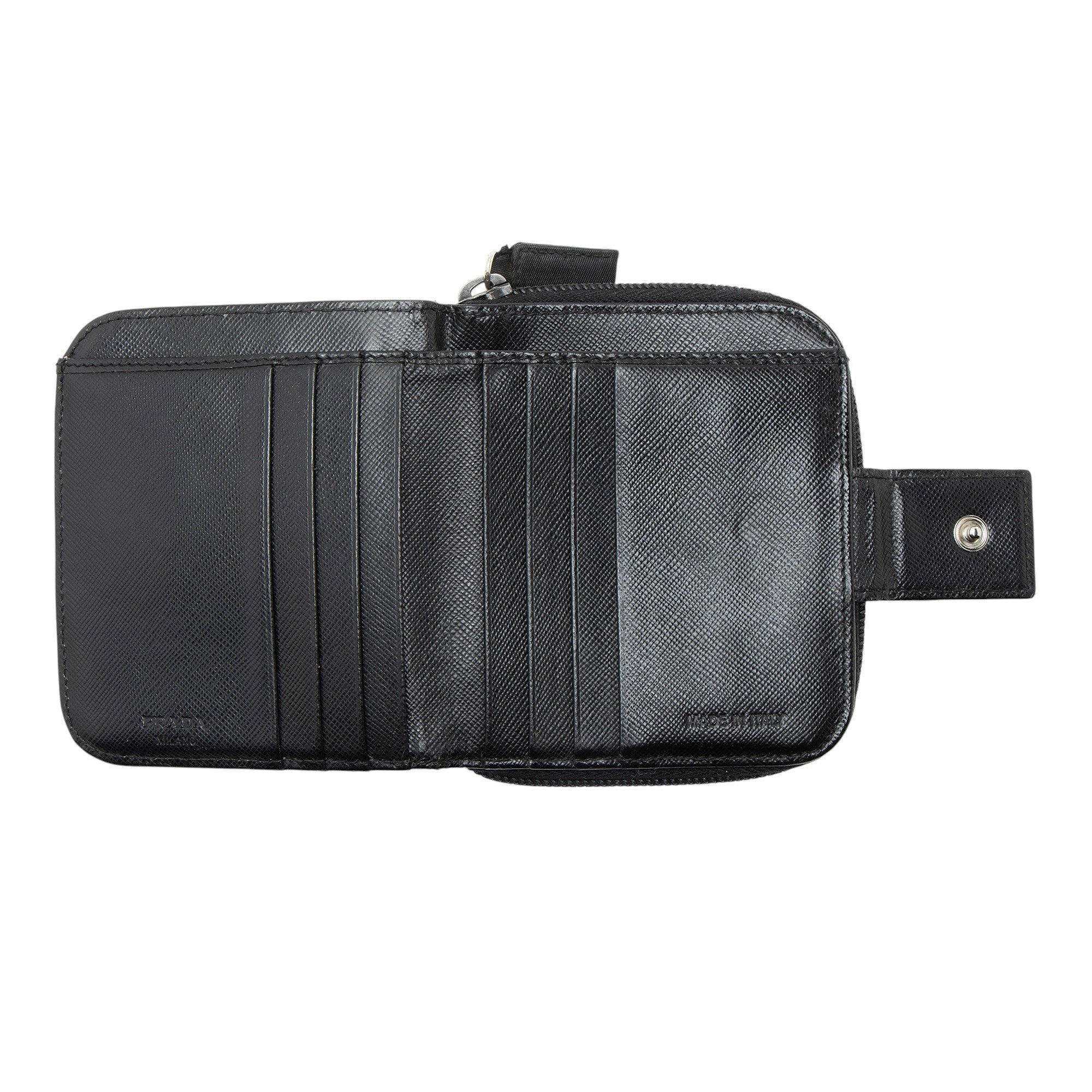 Prada Tessuto Saffiano Compact Bifold Zip Around Wallet