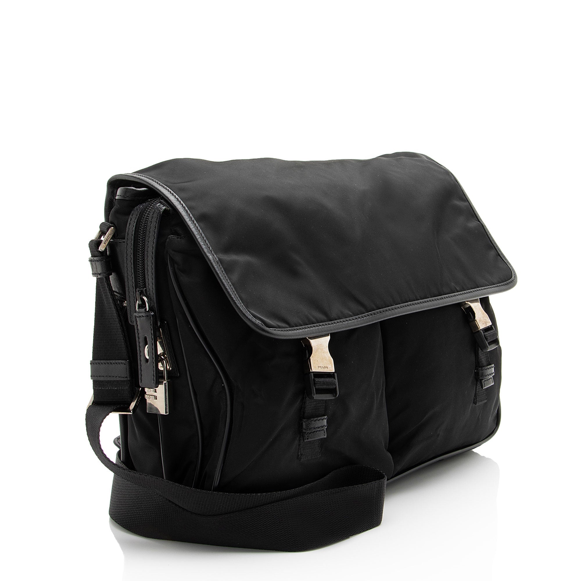 Prada Tessuto Saffiano Leather Double Buckle Messenger