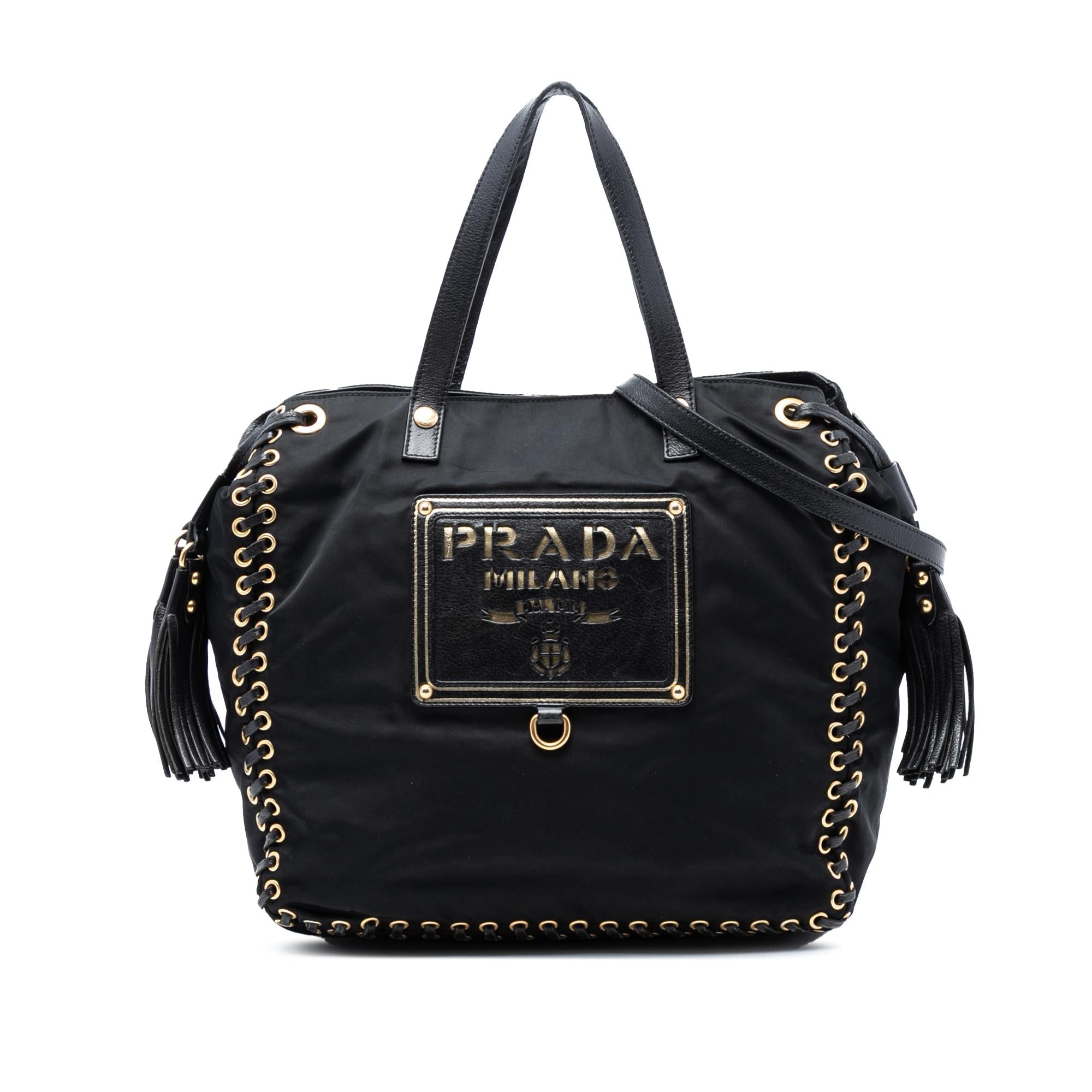 Prada Tessuto Whipstitched Logo Oro Tassel Satchel