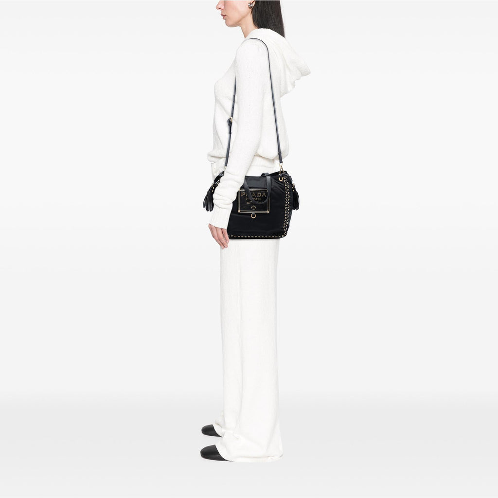 Prada Tessuto Whipstitched Logo Oro Tassel Satchel
