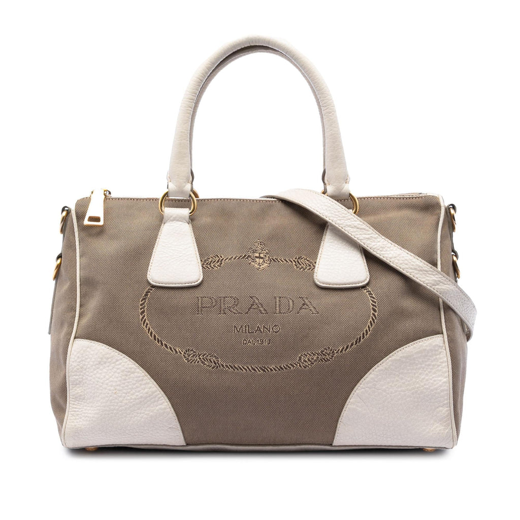 Prada Vitello Daino Trimmed Canvas Canapa Logo Satchel