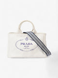 Prada Canapa Tote White / Navy Blue Canvas Medium