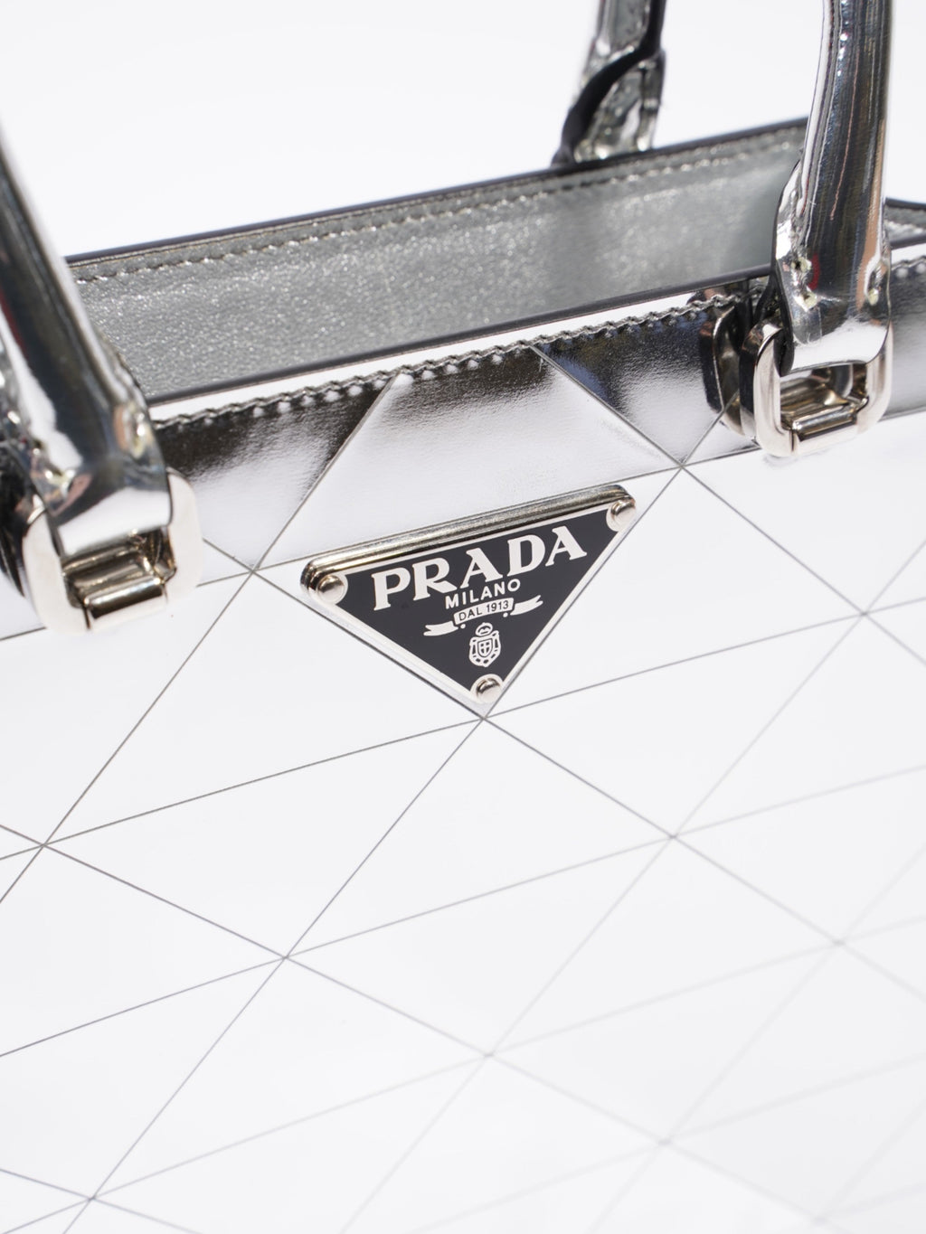 Prada Convertible Open Chain Tote Triangle Silver Leather Small