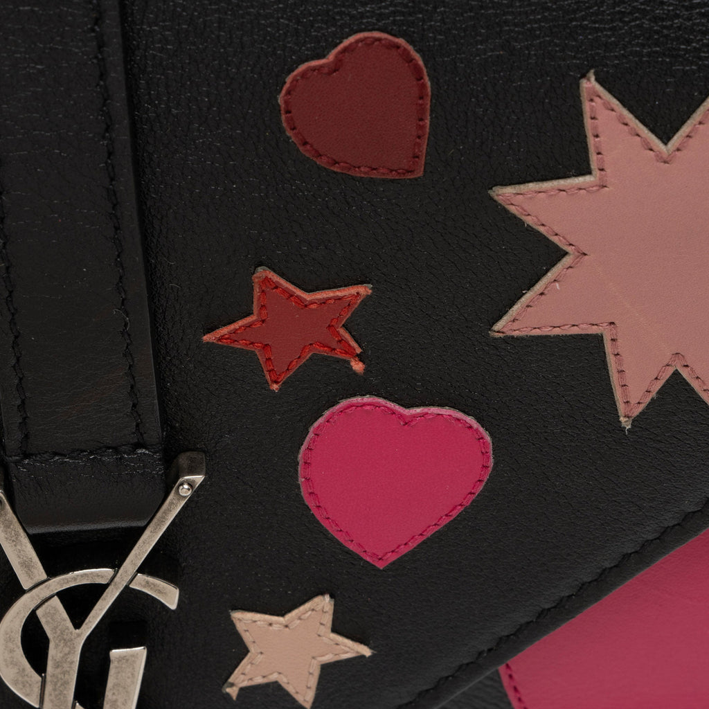 Saint Laurent Calfskin Heart Patchwork Monogram Chain Wallet