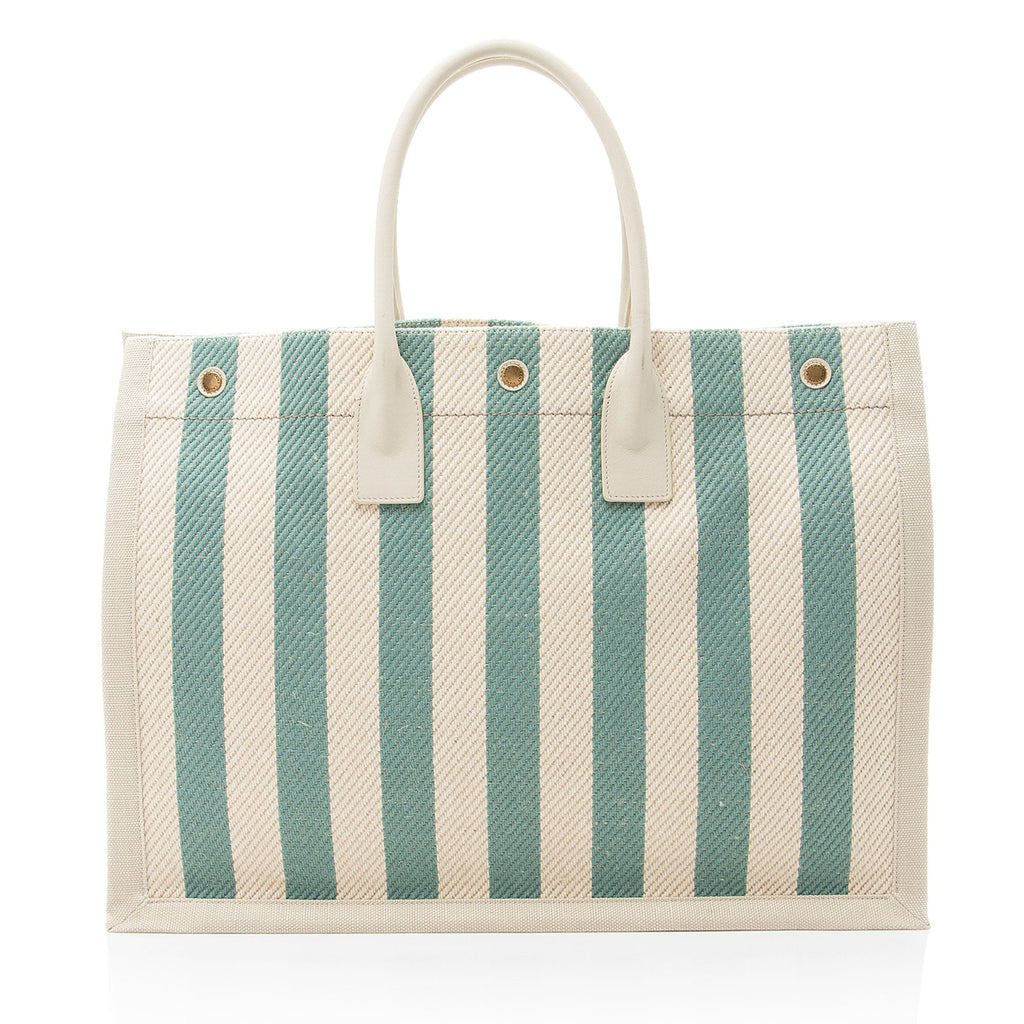Saint Laurent Canvas Calfskin Striped Rive Gauche Large Tote