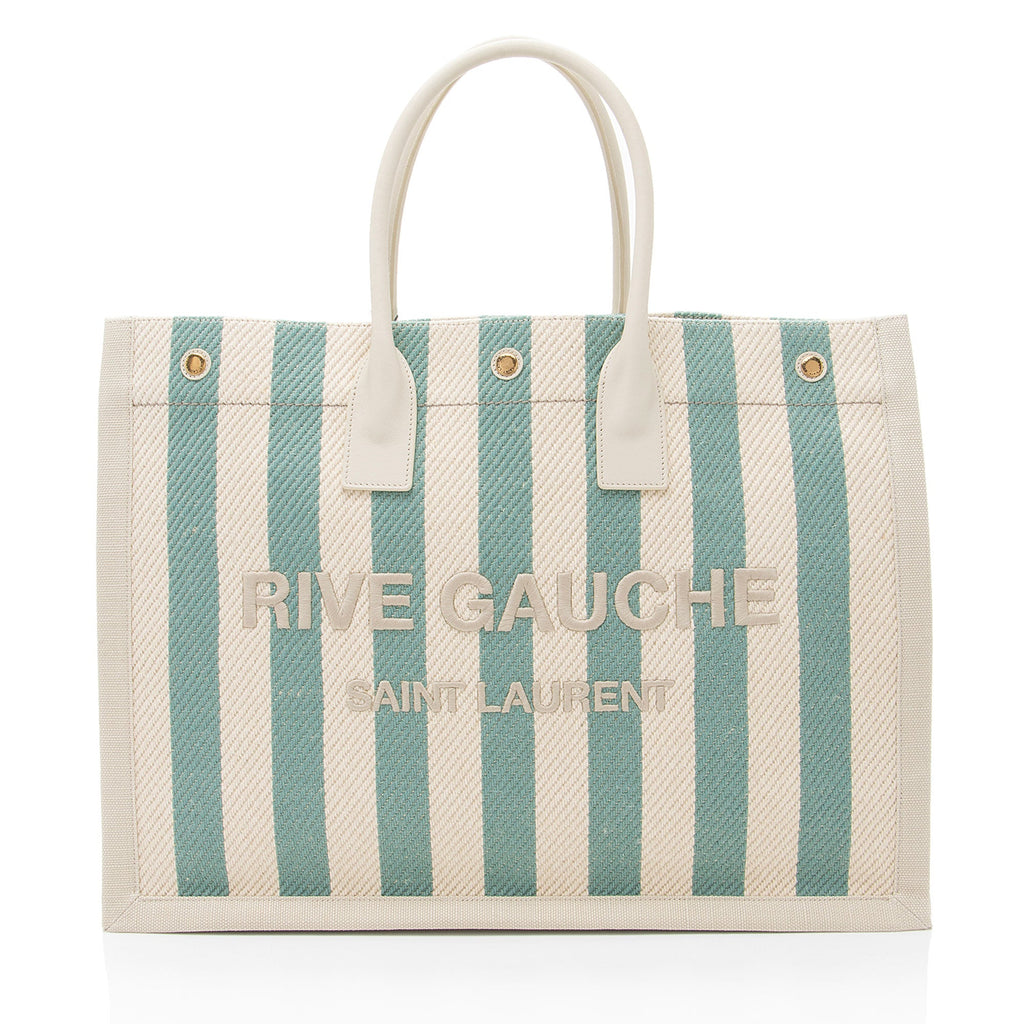 Saint Laurent Canvas Calfskin Striped Rive Gauche Large Tote