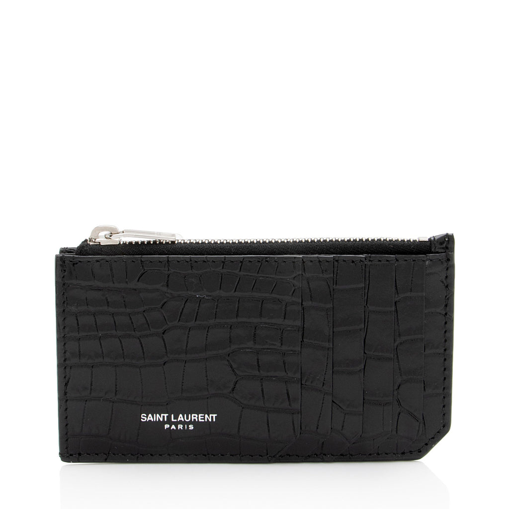 Saint Laurent Croc Embossed Leather Fragments Zipper Card Case