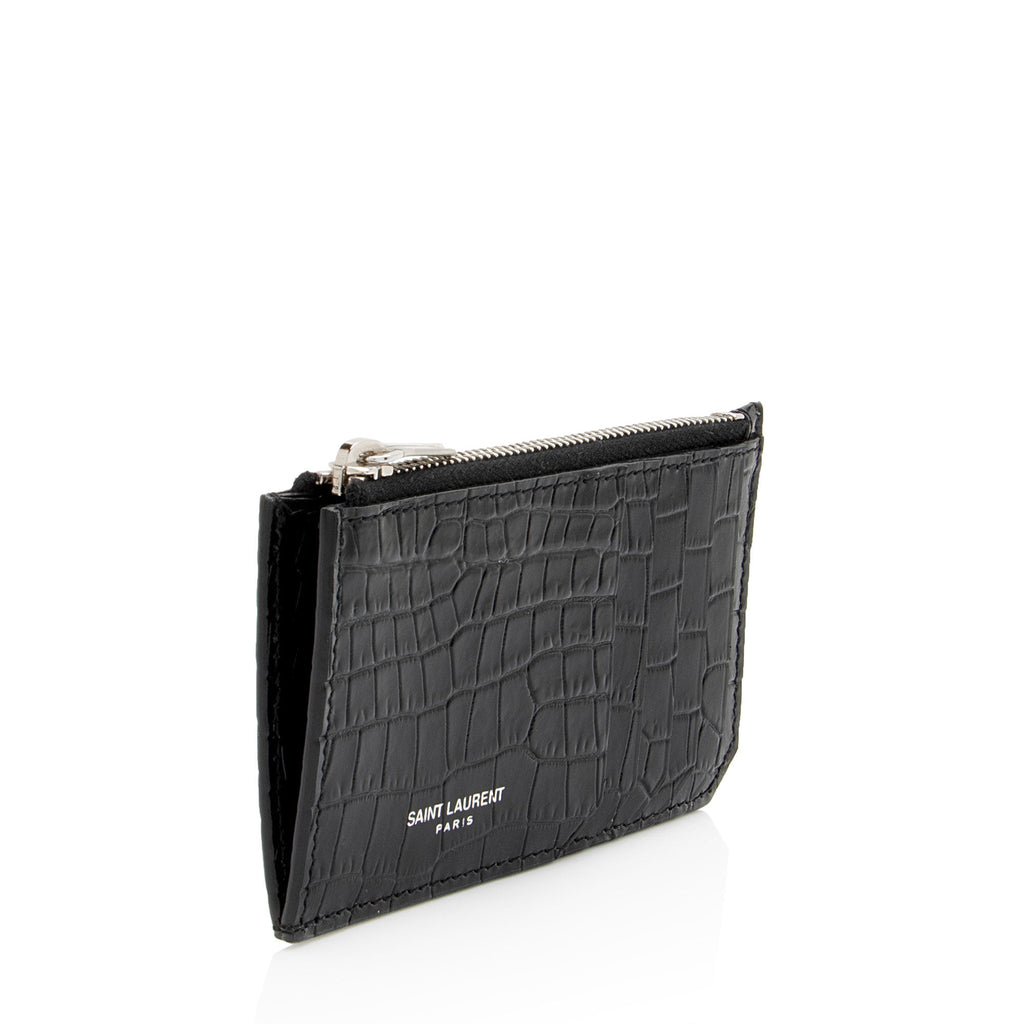 Saint Laurent Croc Embossed Leather Fragments Zipper Card Case
