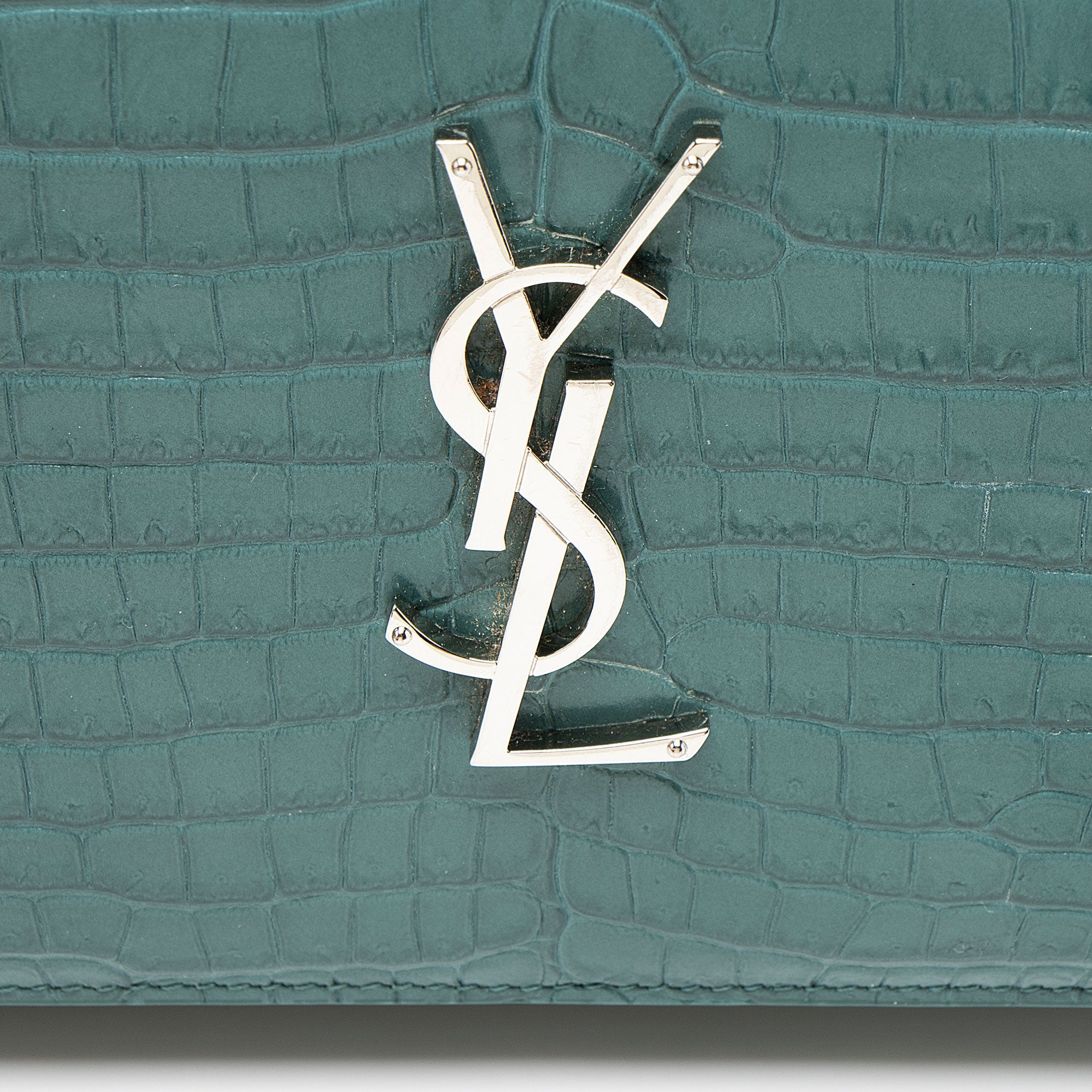 Saint Laurent Croc Embossed Leather Monogram Chain Wallet