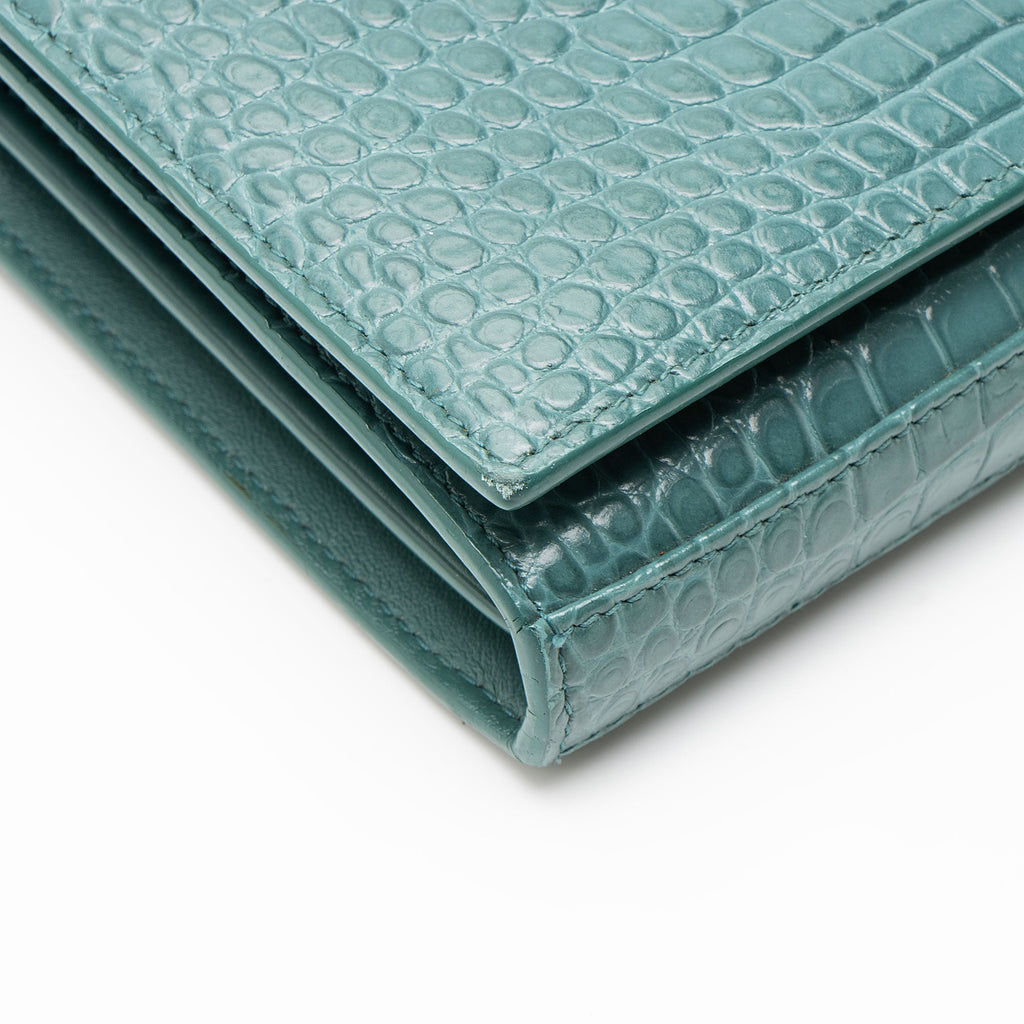 Saint Laurent Croc Embossed Leather Monogram Chain Wallet