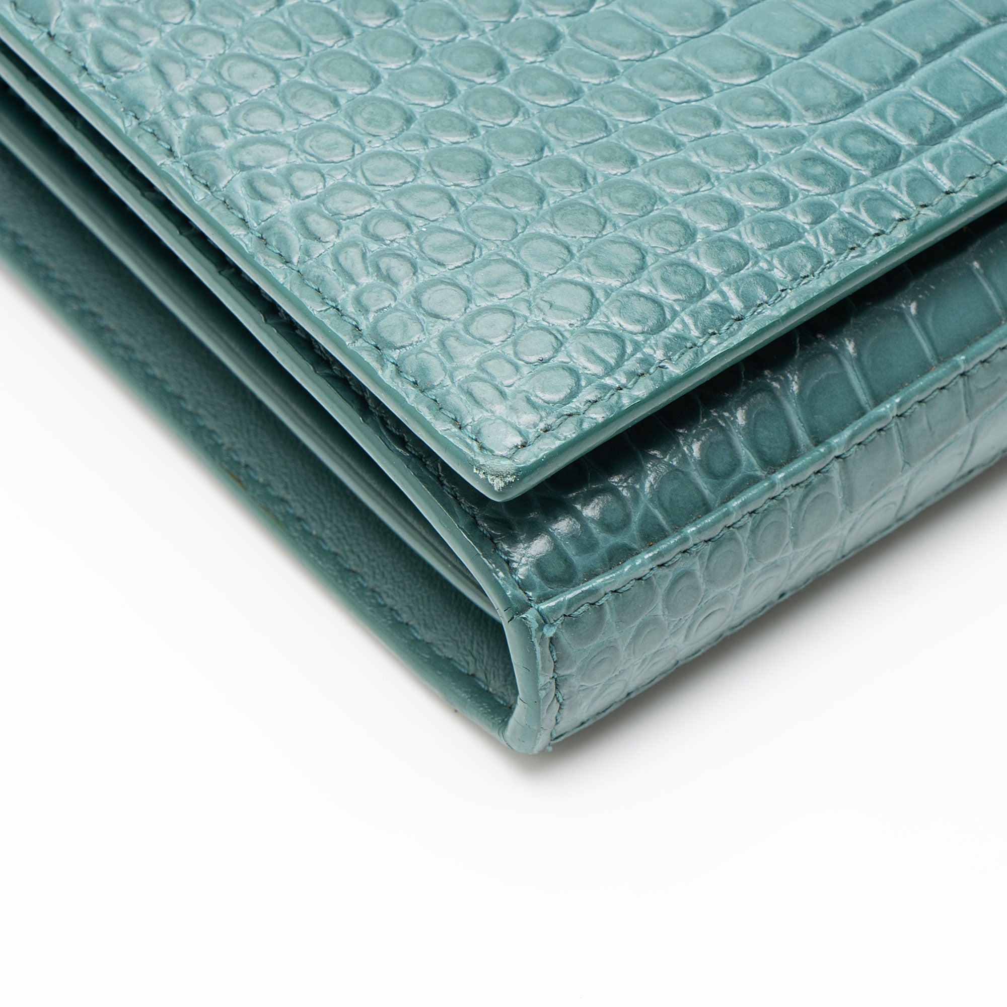 Saint Laurent Croc Embossed Leather Monogram Chain Wallet