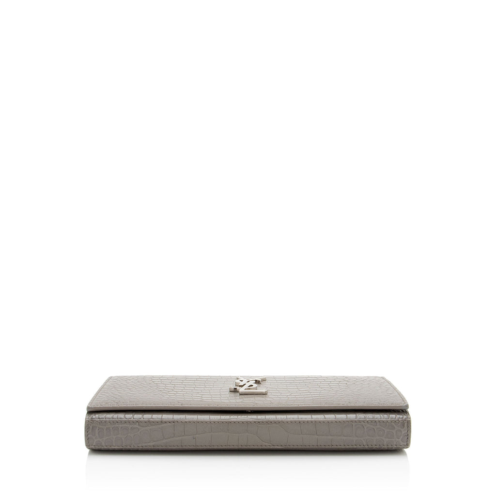 Saint Laurent Croc Embossed Leather Monogram Chain Wallet