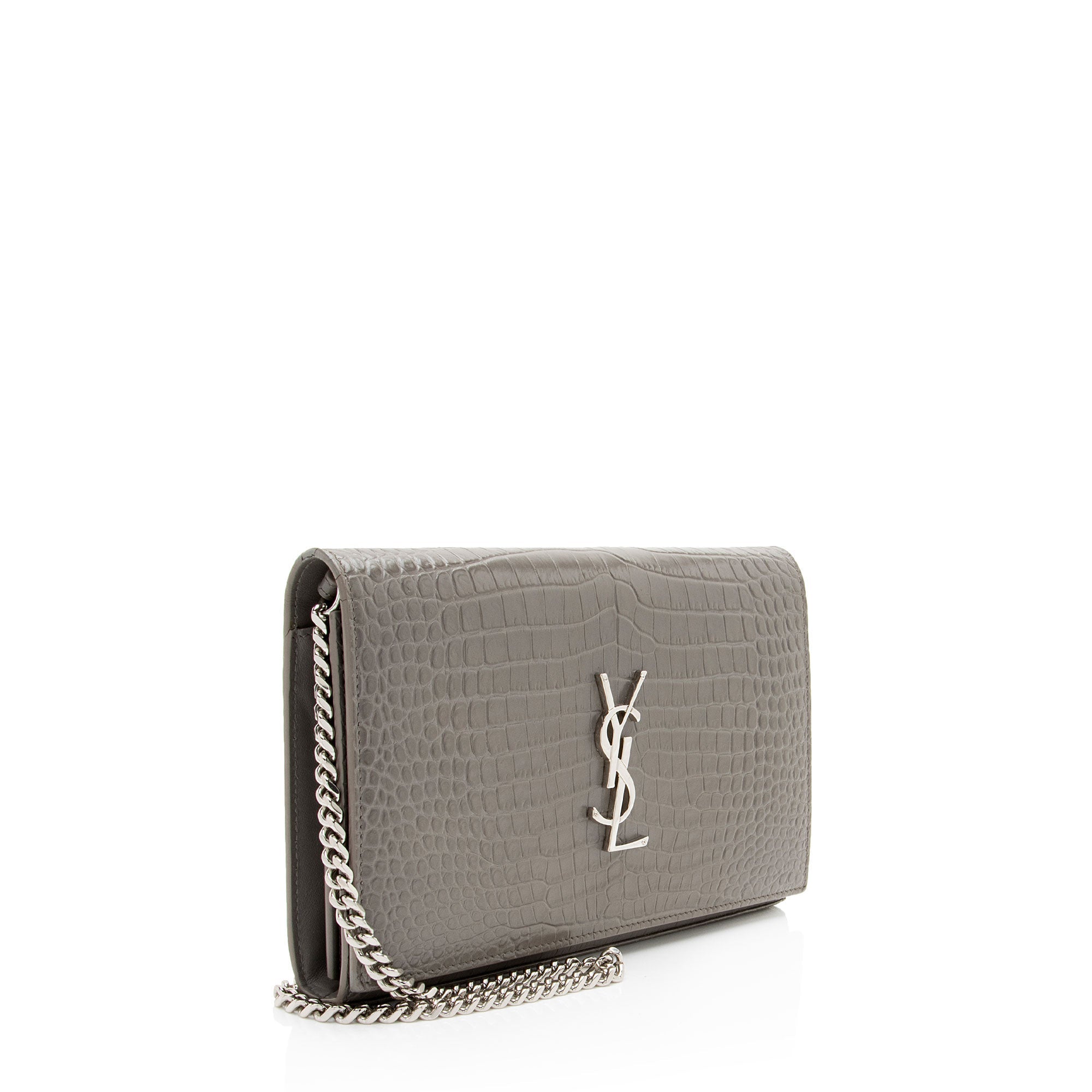 Saint Laurent Croc Embossed Leather Monogram Chain Wallet