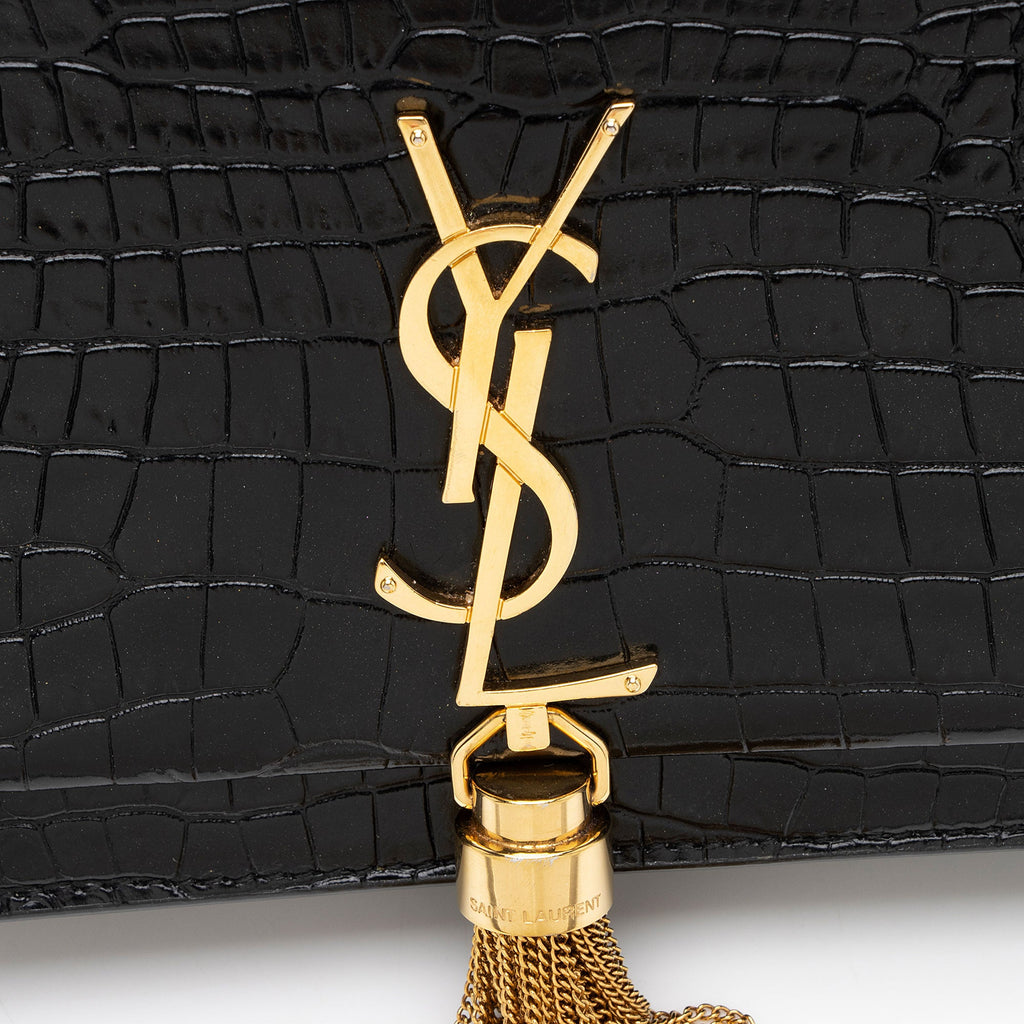 Saint Laurent Croc Embossed Leather Monogram Kate Tassel Chain Wallet