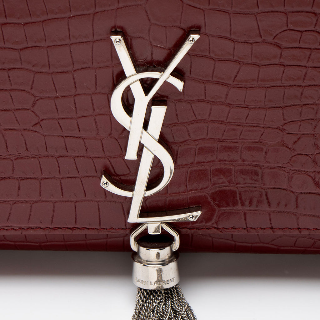 Saint Laurent Croc Embossed Leather Monogram Kate Tassel Medium Shoulder Bag