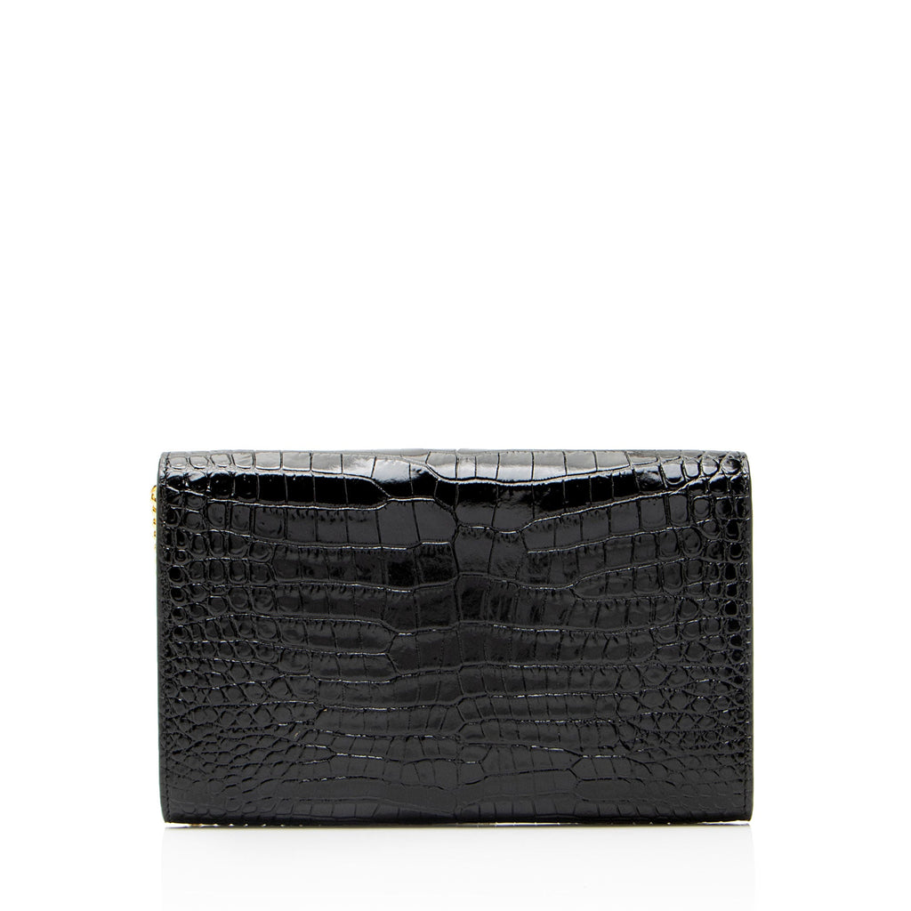 Saint Laurent Croc Embossed Leather Monogram Uptown Chain Wallet