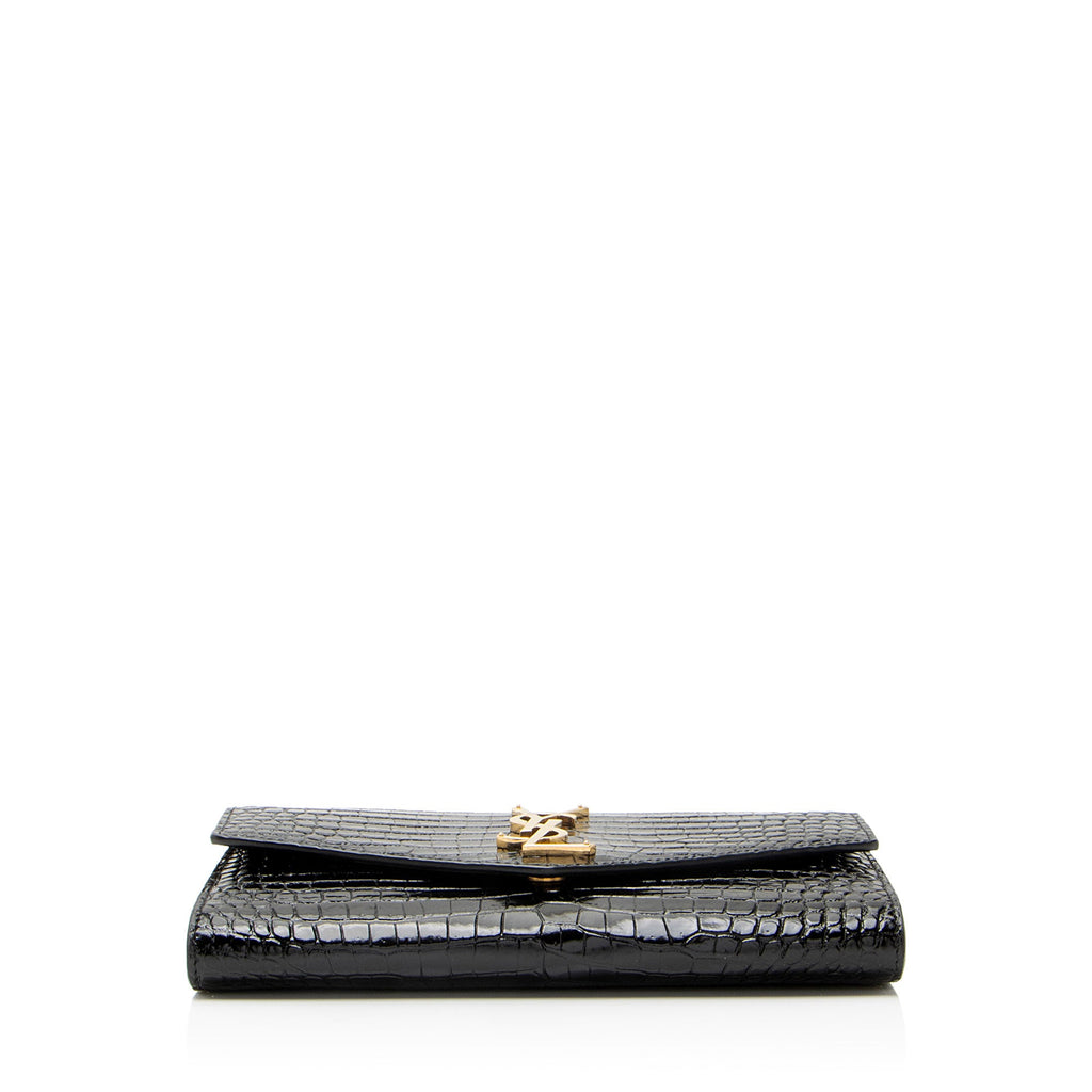 Saint Laurent Croc Embossed Leather Monogram Uptown Chain Wallet