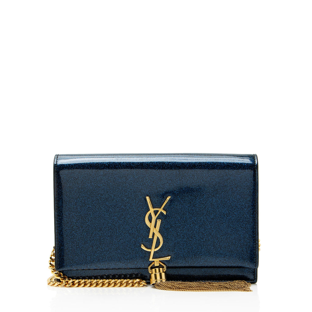 Saint Laurent Glitter Patent Leather Monogram Kate Tassel Chain Wallet