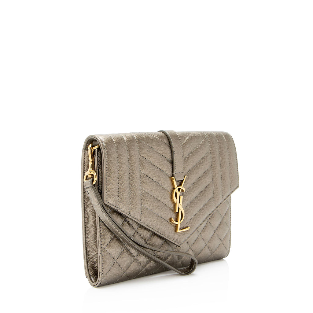 Saint Laurent Metallic Mixed Matelasse Grain de Poudre Monogram Envelope Pouch