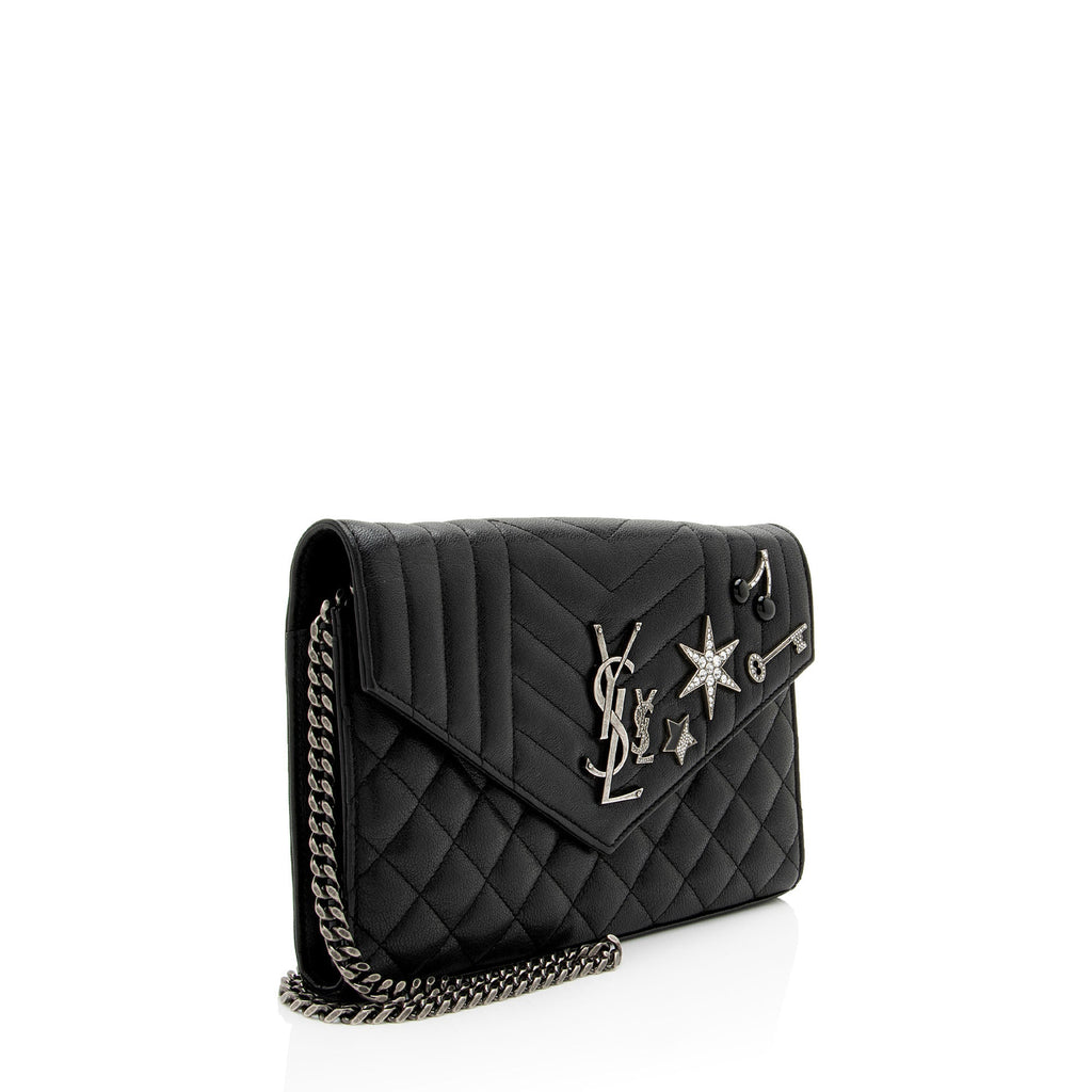 Saint Laurent Mixed Matelasse Grain de Poudre Embellished Monogram Chain Wallet