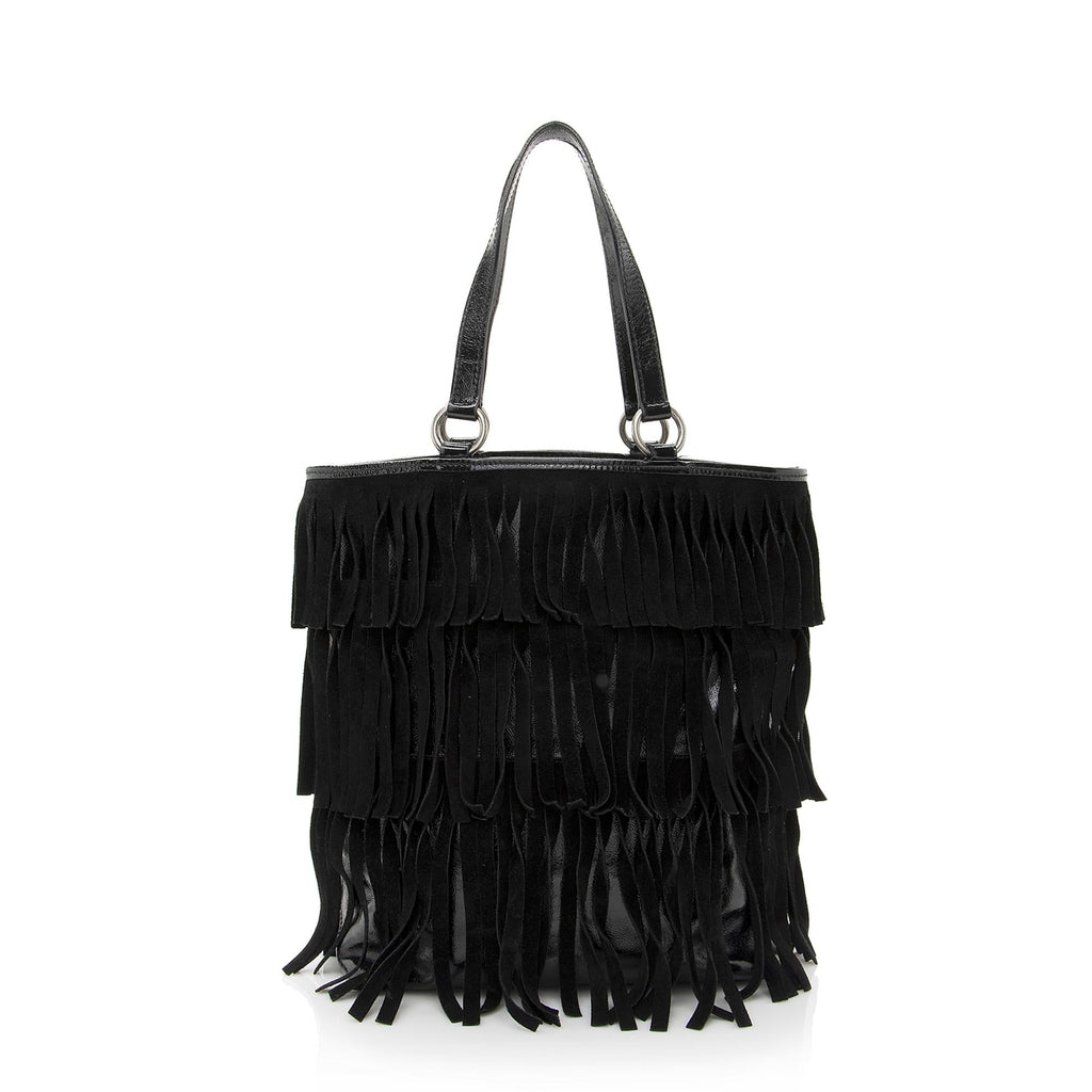 Saint Laurent Patent Leather Suede Fringe Tote (SHF-22368)