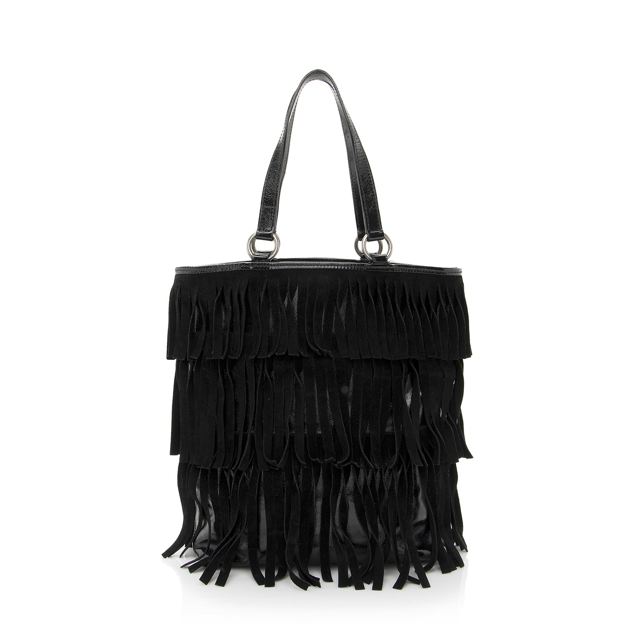 Saint Laurent Patent Leather Suede Fringe Tote (SHF-22368)