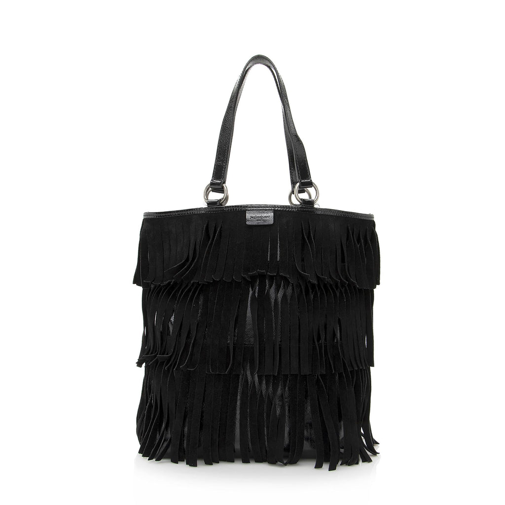 Saint Laurent Patent Leather Suede Fringe Tote (SHF-22368)