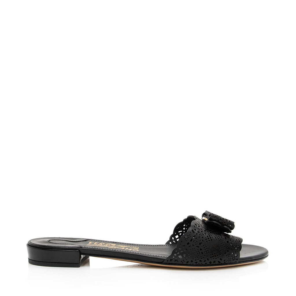 Salvatore Ferragamo Calfskin Laser Cut Gil Wide Slide Sandals - Size 7.5 D / 37.5 D (SHF-df0Aqn)