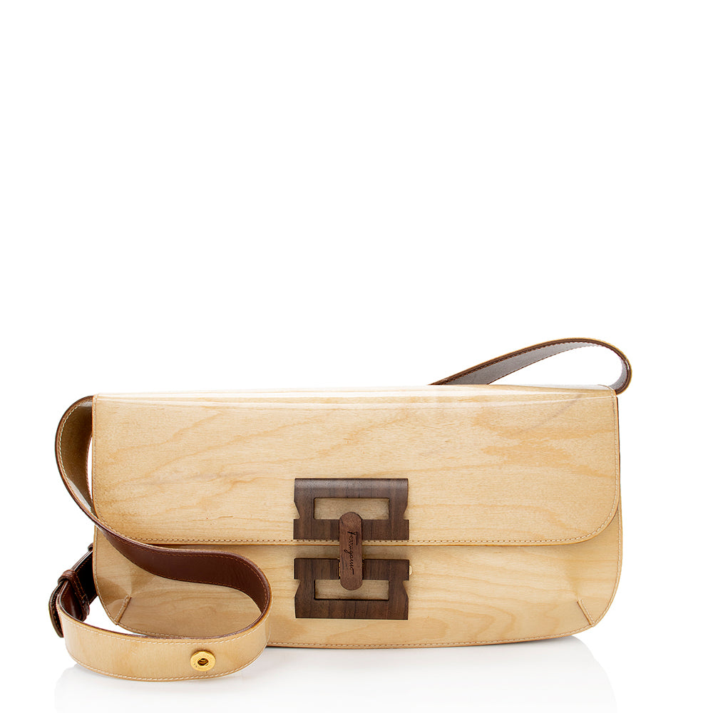 Salvatore Ferragmo Vintage Patent Leather Wood Logo Shoulder Bag (SHF-18156)