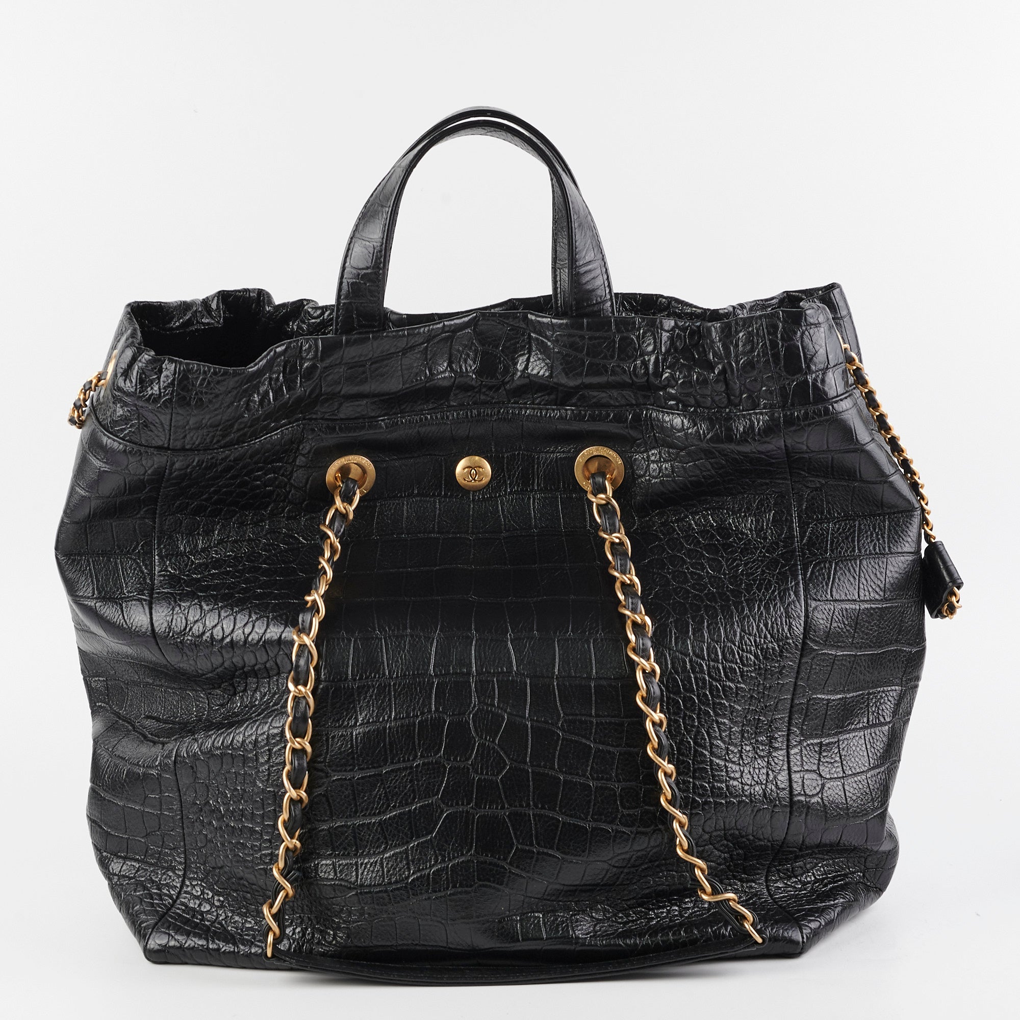 Chanel Black Croc Embossed Shopping Tote