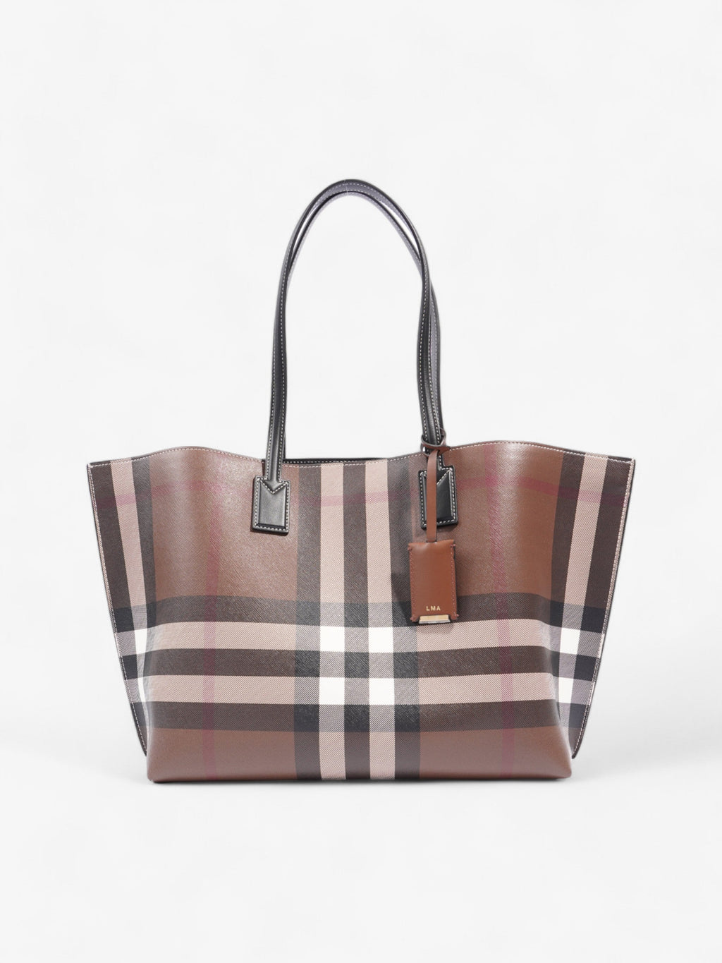Burberry Check Tote Dark Birch Brown Calfskin Leather Medium