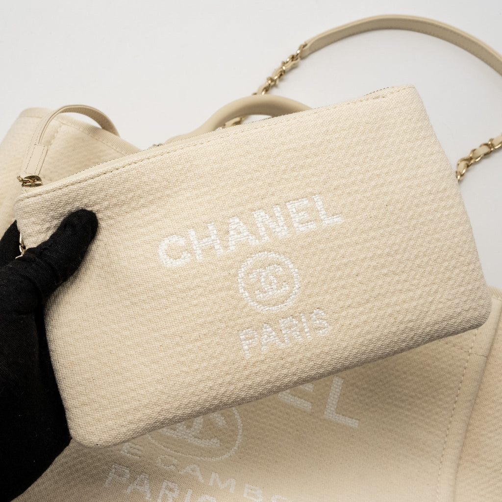 Chanel Small Deauville Shopping Tote Bag Calfskin/Fabric Light Beige L (microchip)