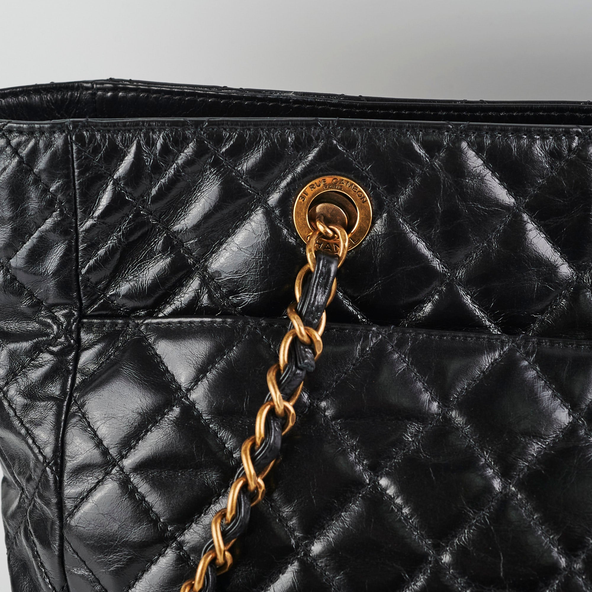 Chanel Black Shiny Calfskin Shoulder Tote Bag - Series 20