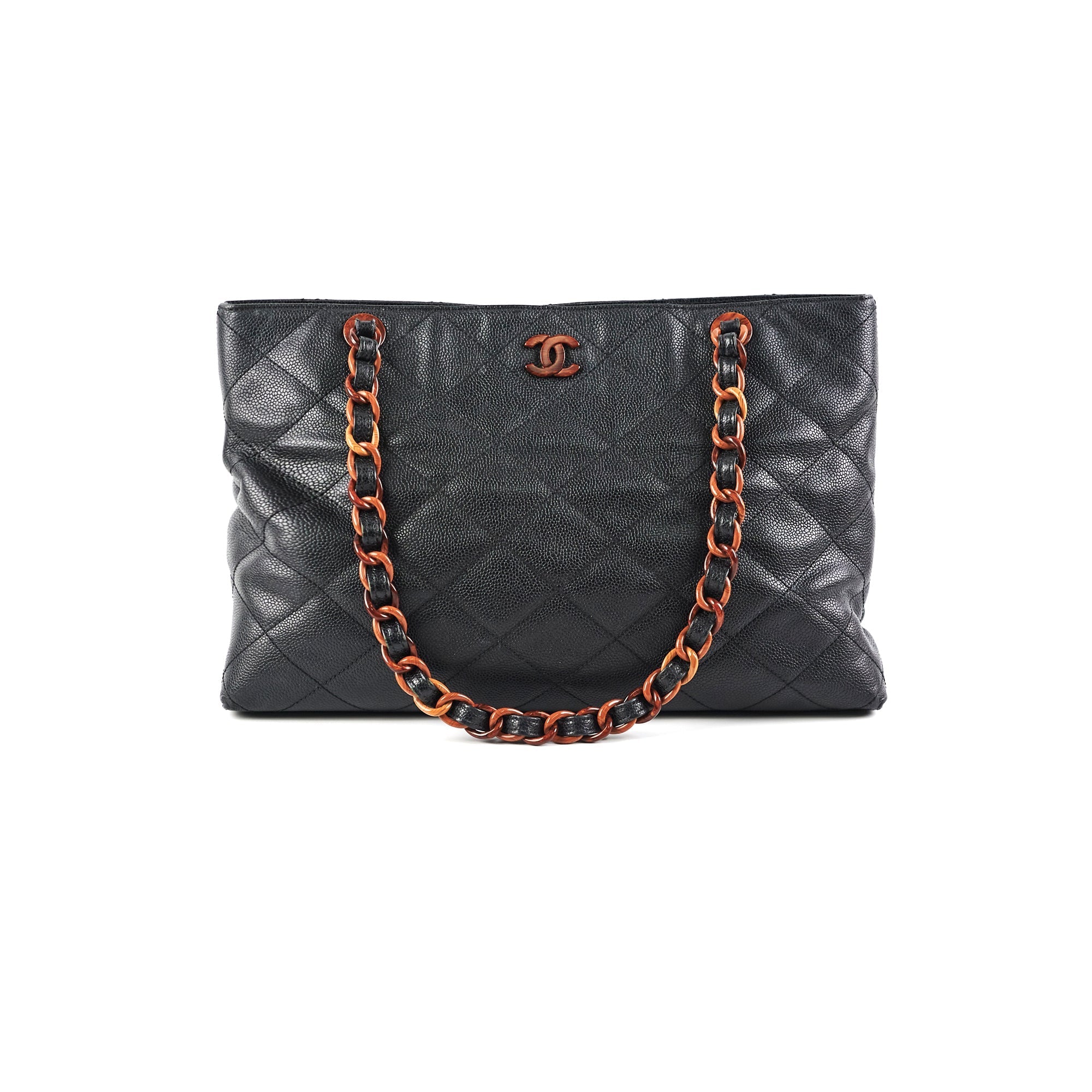 Chanel Caviar Vintage Tortoise Shell Chain Black Tote Bag Black